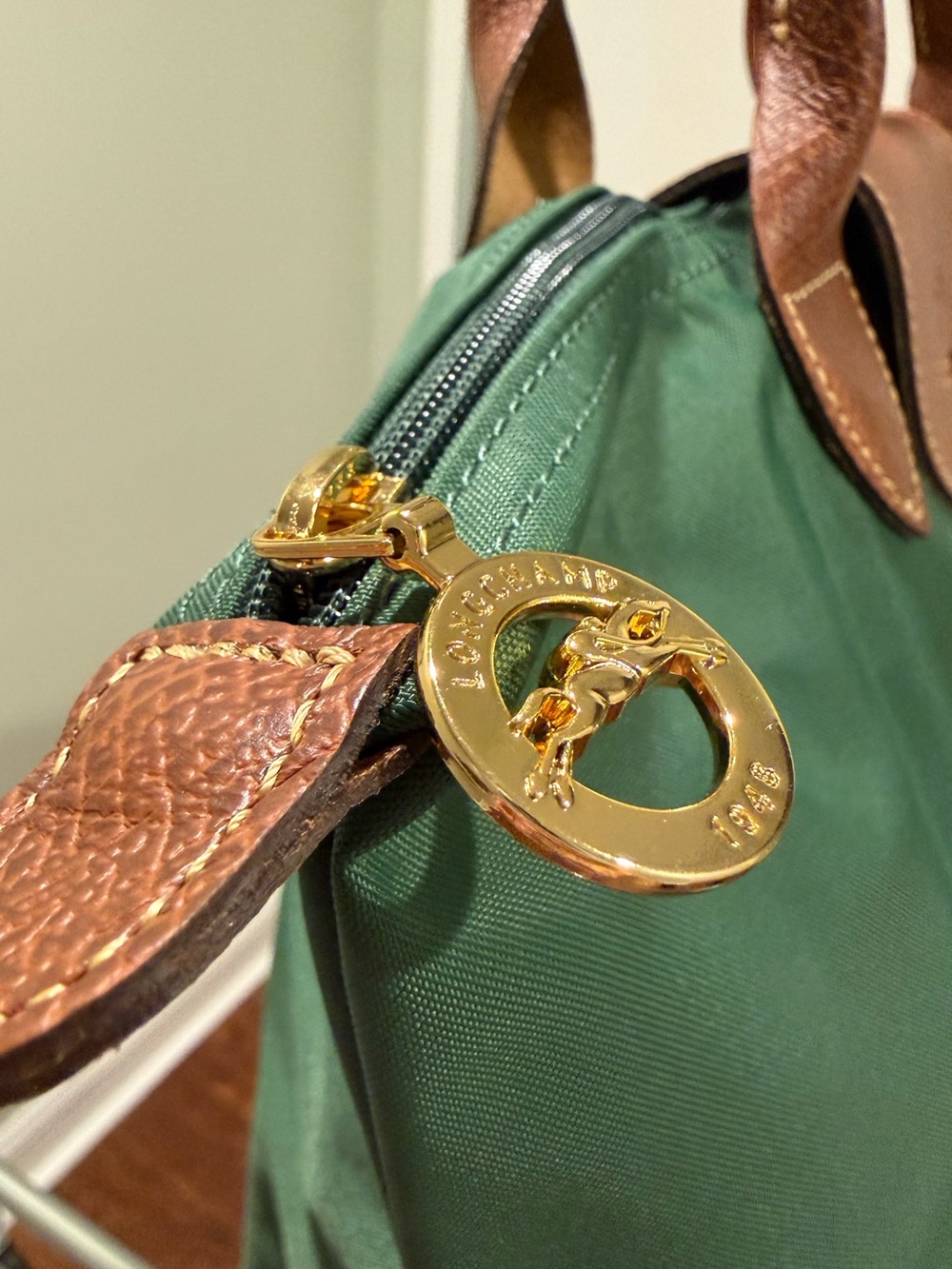 Longchamp Le Pliage Original M Tote British Green Brown Leather - Picture 5 of 15